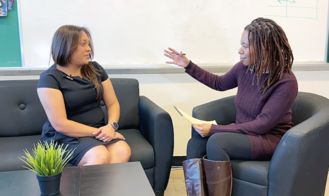 Math Teacher Neeta Sidat talking with Teaching Matters Coach Aisha Butcher